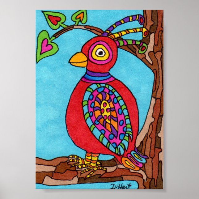 Póster Red Oaxacan Bird Mini Arte Foliar Mexicana (Frente)