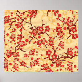 Póster Red On Yellow Sakura Fine Vintage Japonês Floral