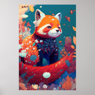 Poster Red Panda Animal Retrato Pintura Floresta Selvagem