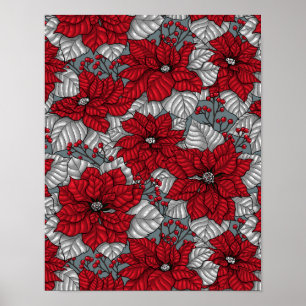 Poster Red poinsettia and berries, Christmas design