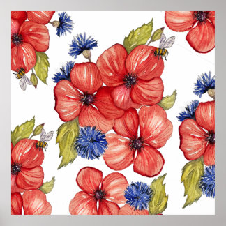 Poster Red Poppy and Blue Cornflower Watercolor