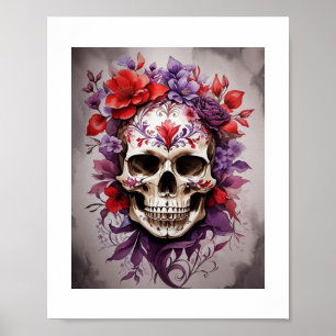 Poster Red & Purple Floral Skull Halloween Wall Art
