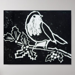 Poster Red Robin Natal com Holly em Preto e Branco