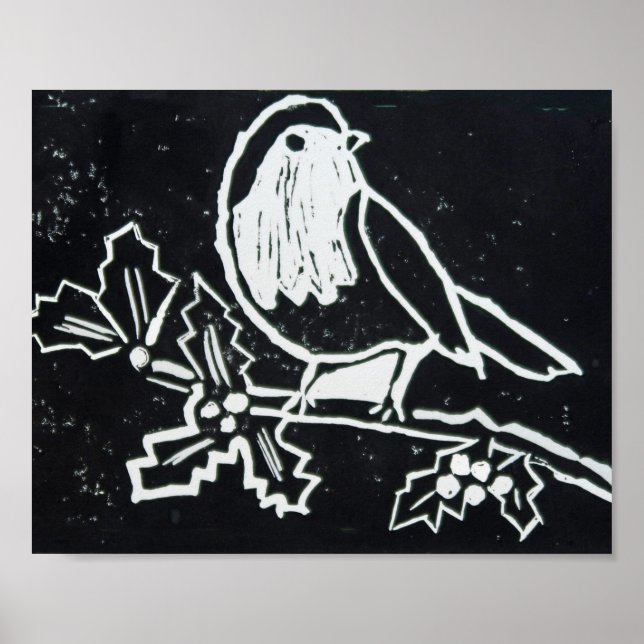 Poster Red Robin Natal com Holly em Preto e Branco (Frente)