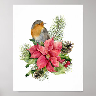 Poster Red robin, Poinsettia, pinho, Natal sagrado