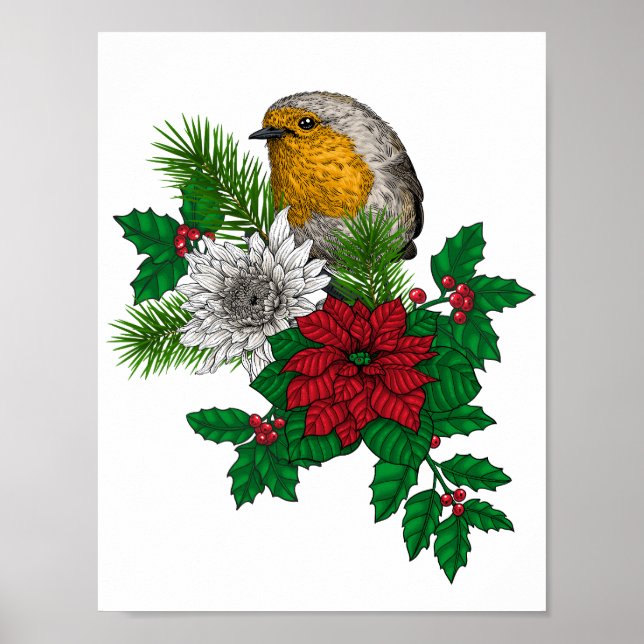 Poster Red robin sobre decoração de Natal (Frente)