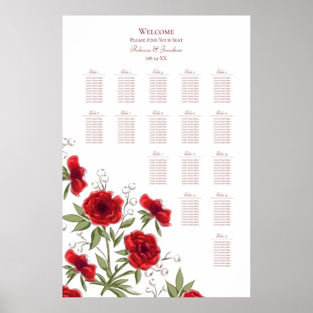 Poster Red Rose Romantic Wedding Seating Chart (Frente)