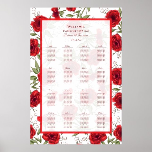 Poster Red Rose Romantic Wedding Seating Chart (Frente)
