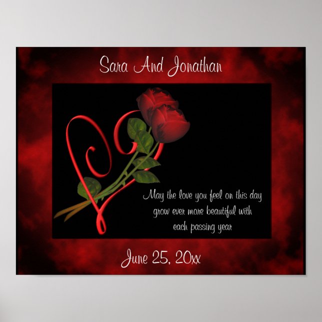 Poster Red Rosebuds Red Heart Personalised Wedding Gift (Frente)