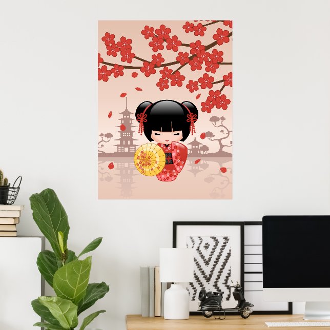 Póster Red Sakura Kokeshi Doll - Geisha Japonês (Escritório em casa)