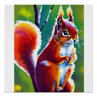 Póster Red Sqirrel Sentado no Ramal de uma Floresta