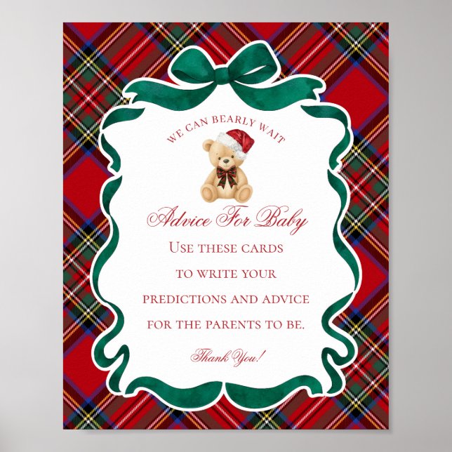 Poster Red Tartan Plaid Christmas Bear Advice for Baby (Frente)
