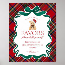 Poster Red Tartan Plaid Christmas Bear Party Favor Sign
