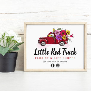 Poster Red Vintage Truck & Flowers Sinal de Marketing Flo