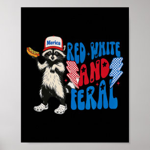 Poster Red White E Feral Raccoon Engraçado Usa 4 De Julho
