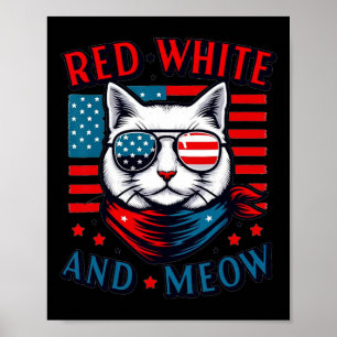 Poster Red White E Meow Cat American Flag 4 De Julho M
