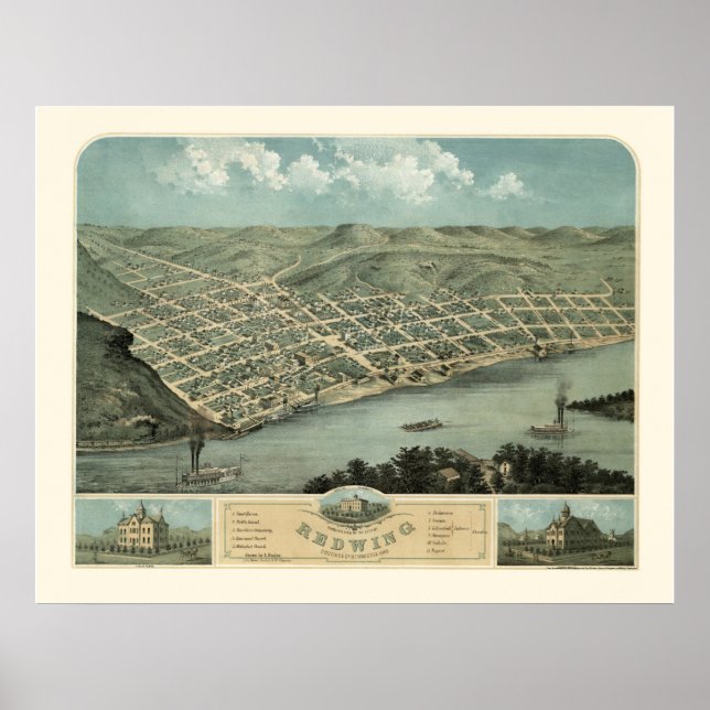 Póster Red Wing, Mapa Panorâmico do MN - 1868 (Frente)