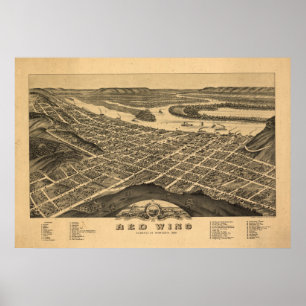 Póster Red Wing Minnesota 1880 Mapa Panorâmico Antiquado
