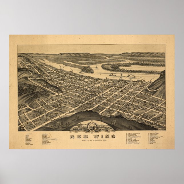 Póster Red Wing Minnesota 1880 Mapa Panorâmico Antiquado (Frente)