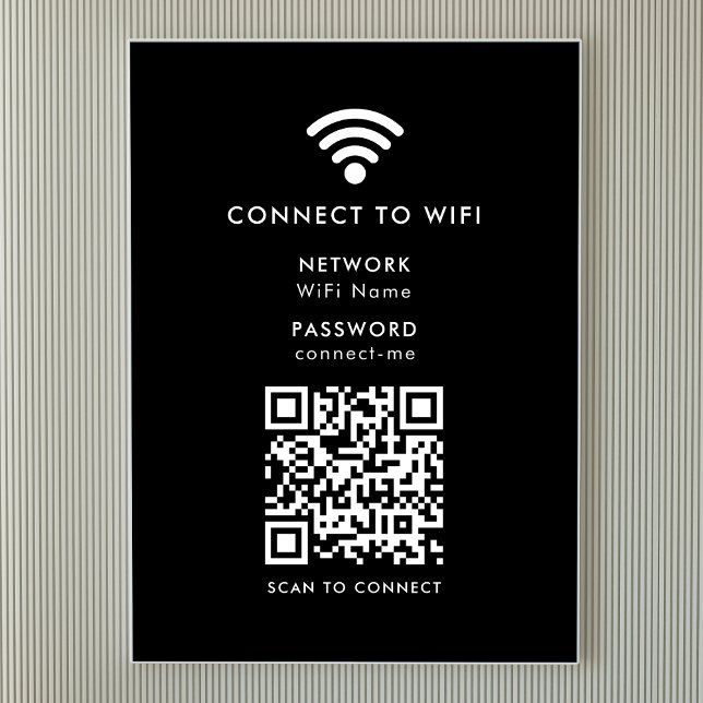 Poster Rede Wifi | Senha de Internet de código QR Preta (Wi-Fi poster print wall sign with interactive QR code, connecting visitors seamlessly to your WiFi)