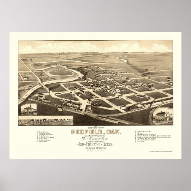 Póster Redfield, SD Mapa Panorâmico - 1883 (Frente)