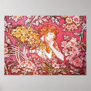Póster Redhead entre flores, Alphonse Mucha
