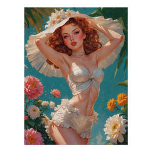 Póster Redhead Pin-Up Daisy Hat Floral