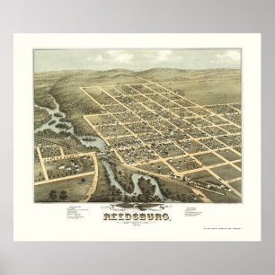 Póster Reedsburg, mapa panorâmico dos WI - 1874