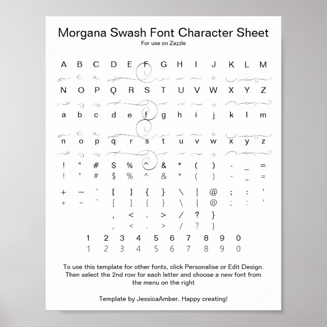Poster Referência de Caracteres da Fonte Morgana Swash (Frente)