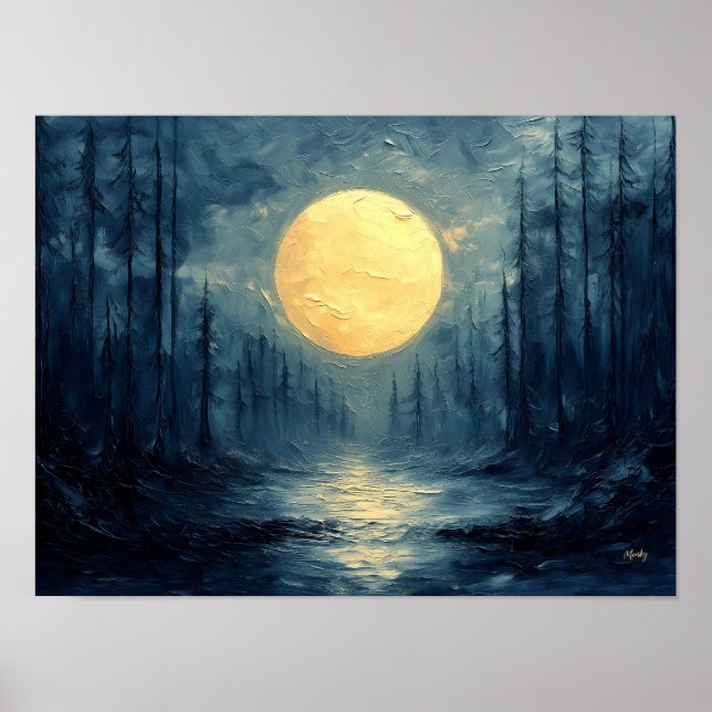 Poster Reflexão da Floresta ao Luar – Azul e Dourado Abst (Frente)