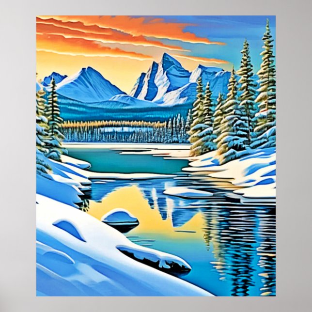 Poster Reflexão de Montanha Snowy (Frente)