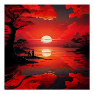 Póster Reflexão Red Sunset - Arte Natureza Pacífica