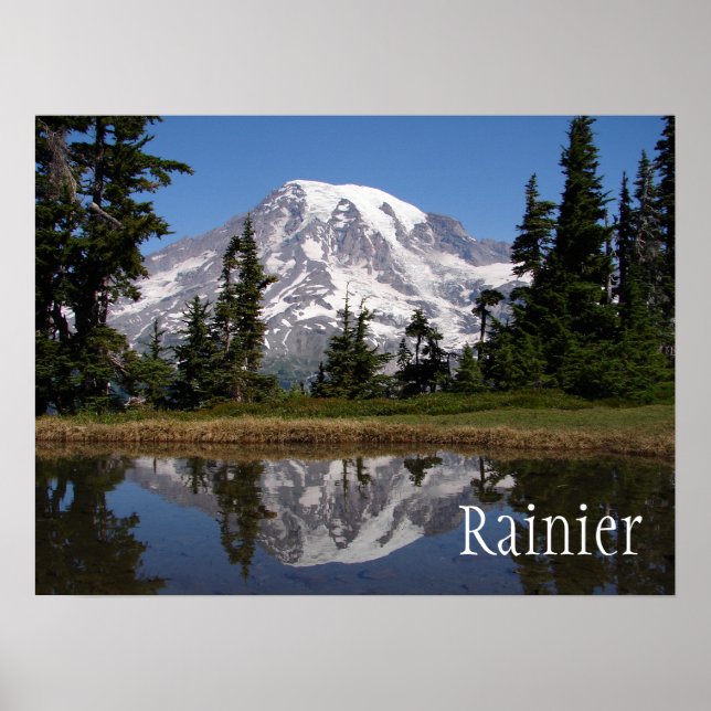 Póster Reflexão sobre o Monte Rainier no lago (Frente)
