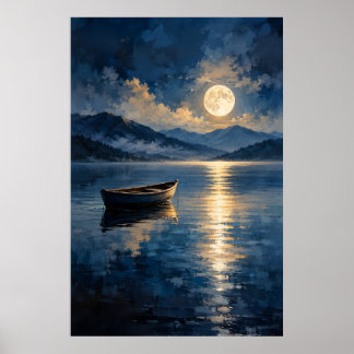 Poster Reflexo da Lua no Barco de Madeira Sereno