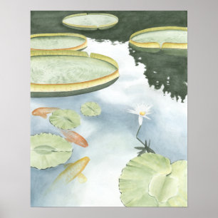 Póster Reflexo de Koi Pond com Peixes e Lírios