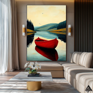Poster Reflexo do Barco Vermelho – Arte Ingênua de Lago S