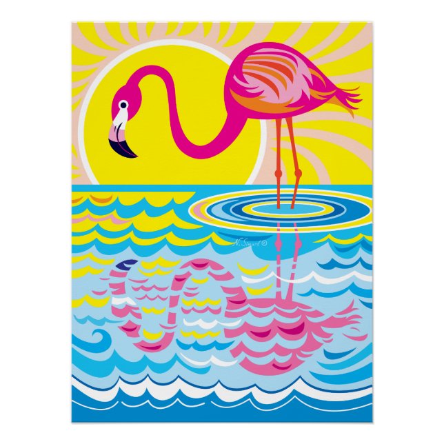 Póster Reflexo do Flamingo Rosa (Frente)