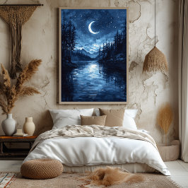 Poster Reflexo do Lago ao Luar em Azul Monocromático
