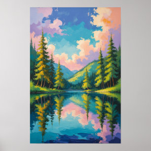 Poster Reflexo do Lago da Montanha com Pinheiros Colorido