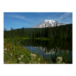 Póster Reflexo do Lago Monte Rainier com Flores Silvestre