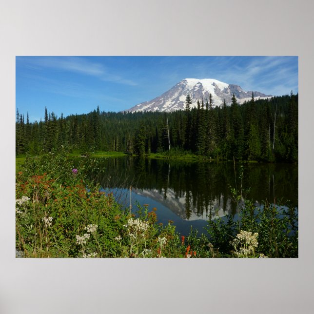 Poster Reflexo do Lago Monte Rainier com Flores Silvestre (Frente)