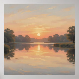 Poster Reflexo do Lago na Hora Dourada Impressionista