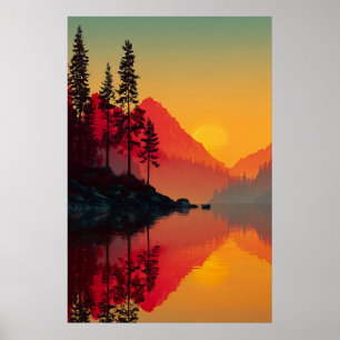 Poster Reflexo do nascer do sol Lago alpino Silhueta da m