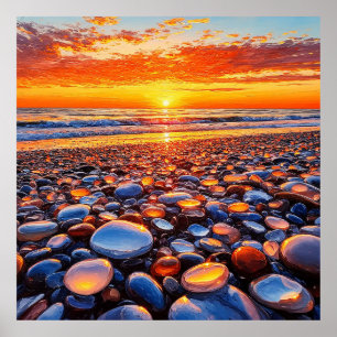 Poster Reflexo Vibrante do Pôr do Sol em Seixos Lisos