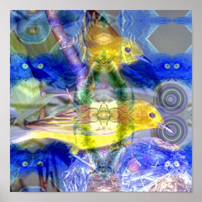 Poster Reflexões da Natureza I - Aves Douradas e Azuis (Frente)