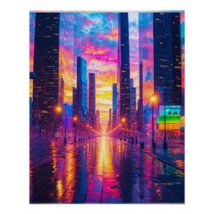 Póster Reflexões de Neon Cityscape no Sunset Futurístico