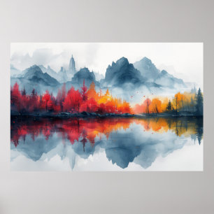 Poster Reflexões do outono: Misty Lake Panorama