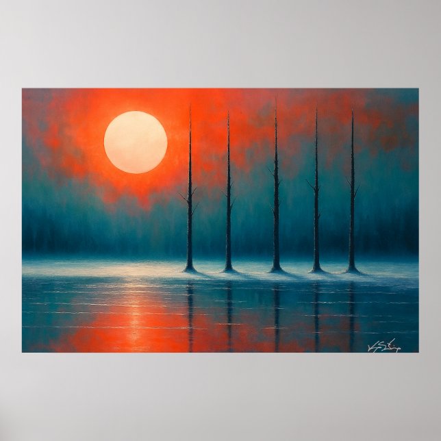 Poster Reflexos do Pôr do Sol com Árvores Desfolhadas (Frente)
