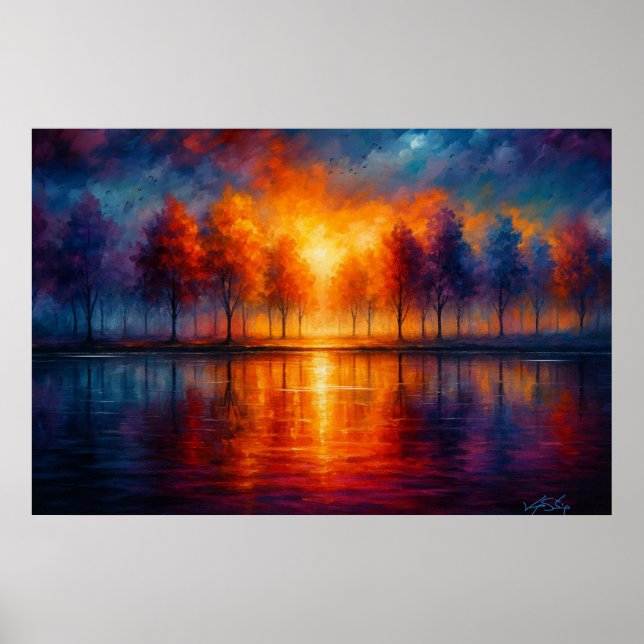 Poster Reflexos do Pôr do Sol Sobre o Lago de Outono (Frente)