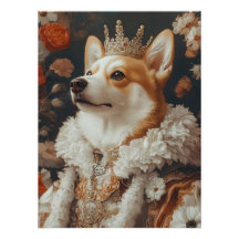 Regal Corgi Portrait with Crown and Floral Accents